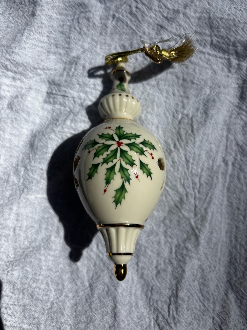 Lenox 2008 Cream and Green Holly Porcelain Holiday Ornament with Gold Accents